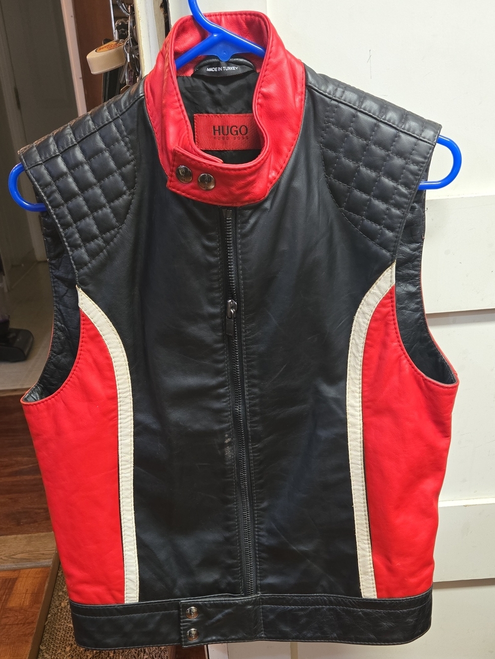 HUGO Black, Red & White Quilted Leather Racer Vest